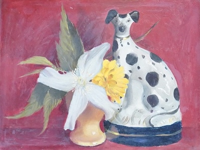 20th century School, Still life of a Staffordshire dog and flowers in a vase, oil on board, 14 x 18cm
